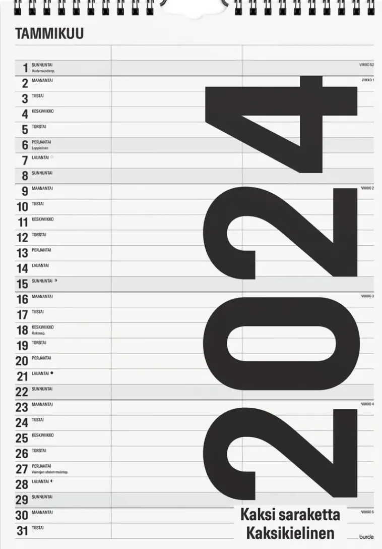 Sale Seinakalenteri 2024 Black And White 2 Saraketta Kalenterit