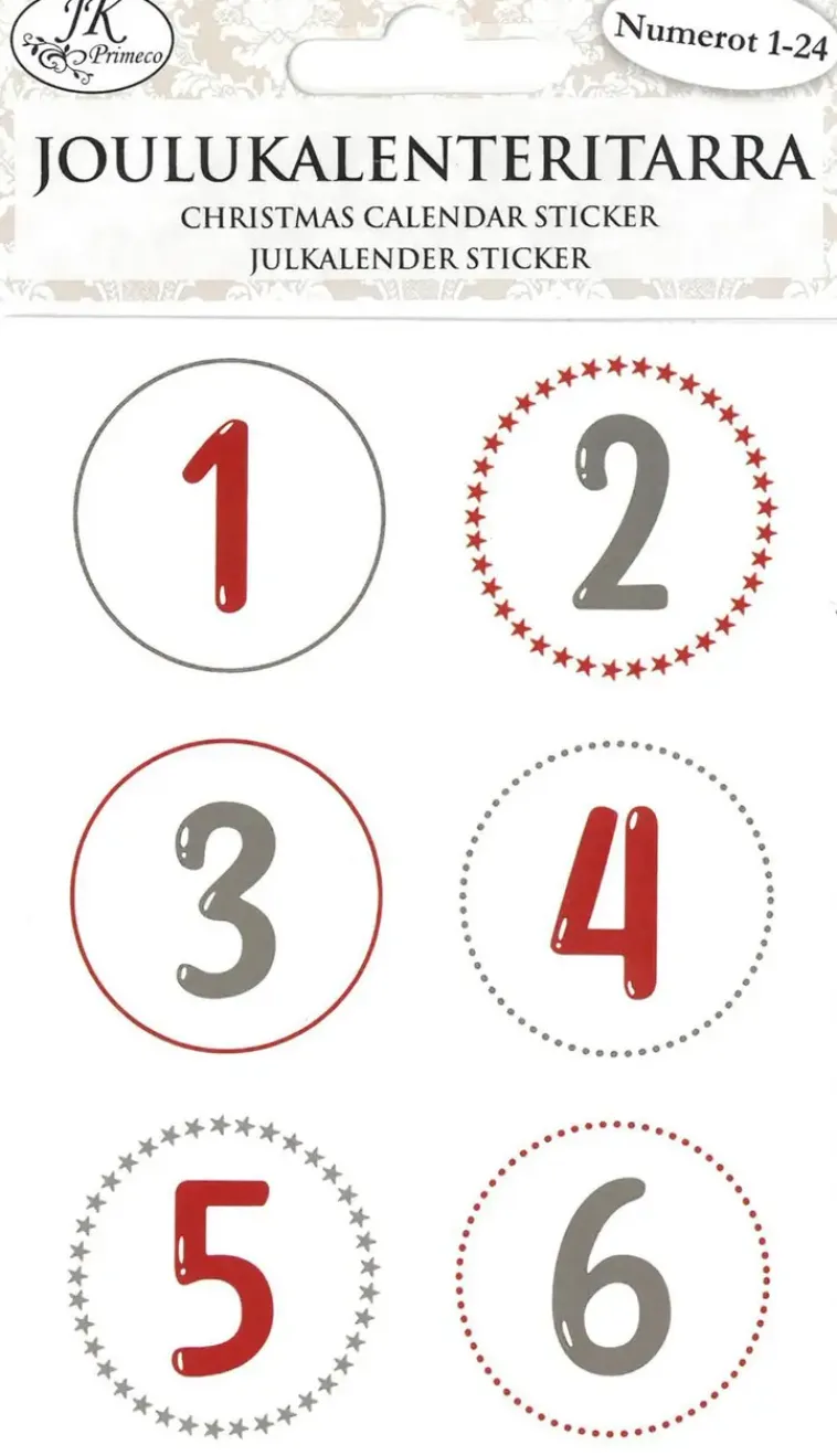 J.K. Primeco Askartelutarvikkeet-Joulukalenteritarra Numerot Punaharmaa 4 Ark