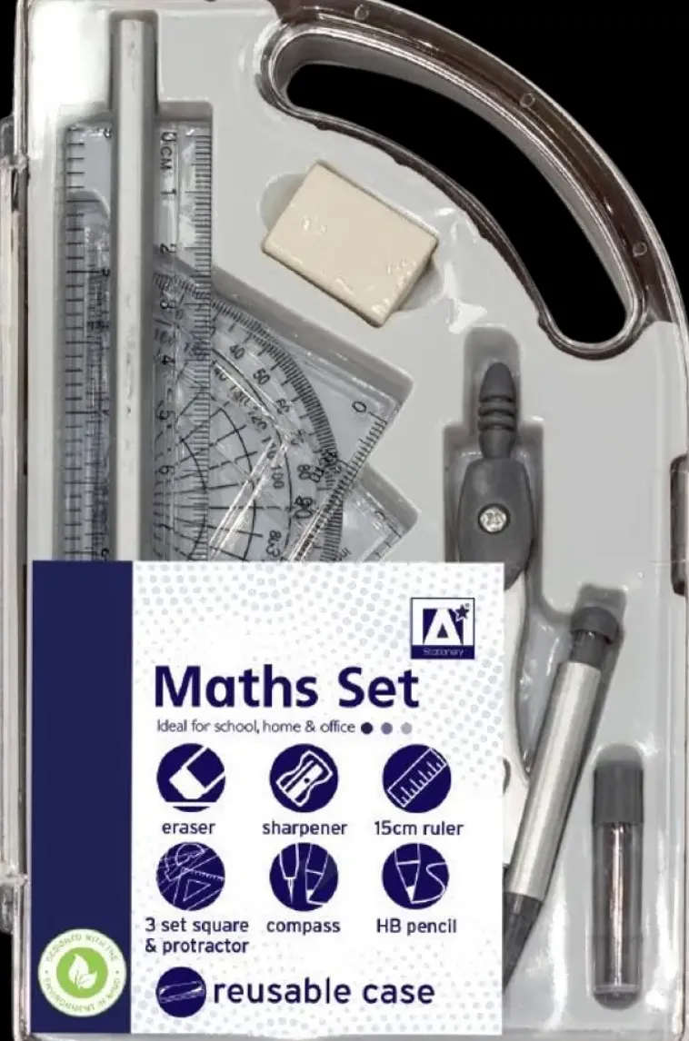 Outlet Matikkasetti, Sis. Pyyhekumi, Teroitin, Viivain, Harppi, Lyijykyna, Astelevy-/Kolmioviivaimet Toimistotarvikkeet